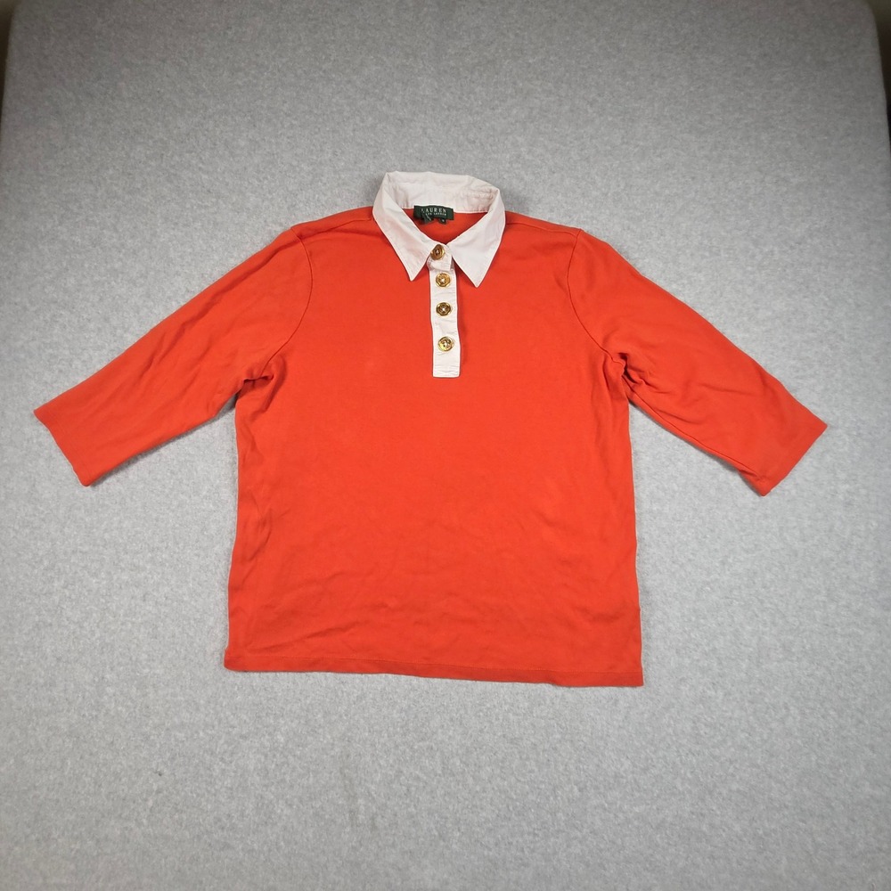 Lauren Ralph Lauren Orange 3/4 Sleeve Rugby Polo Shirt Gold Buttons 1X